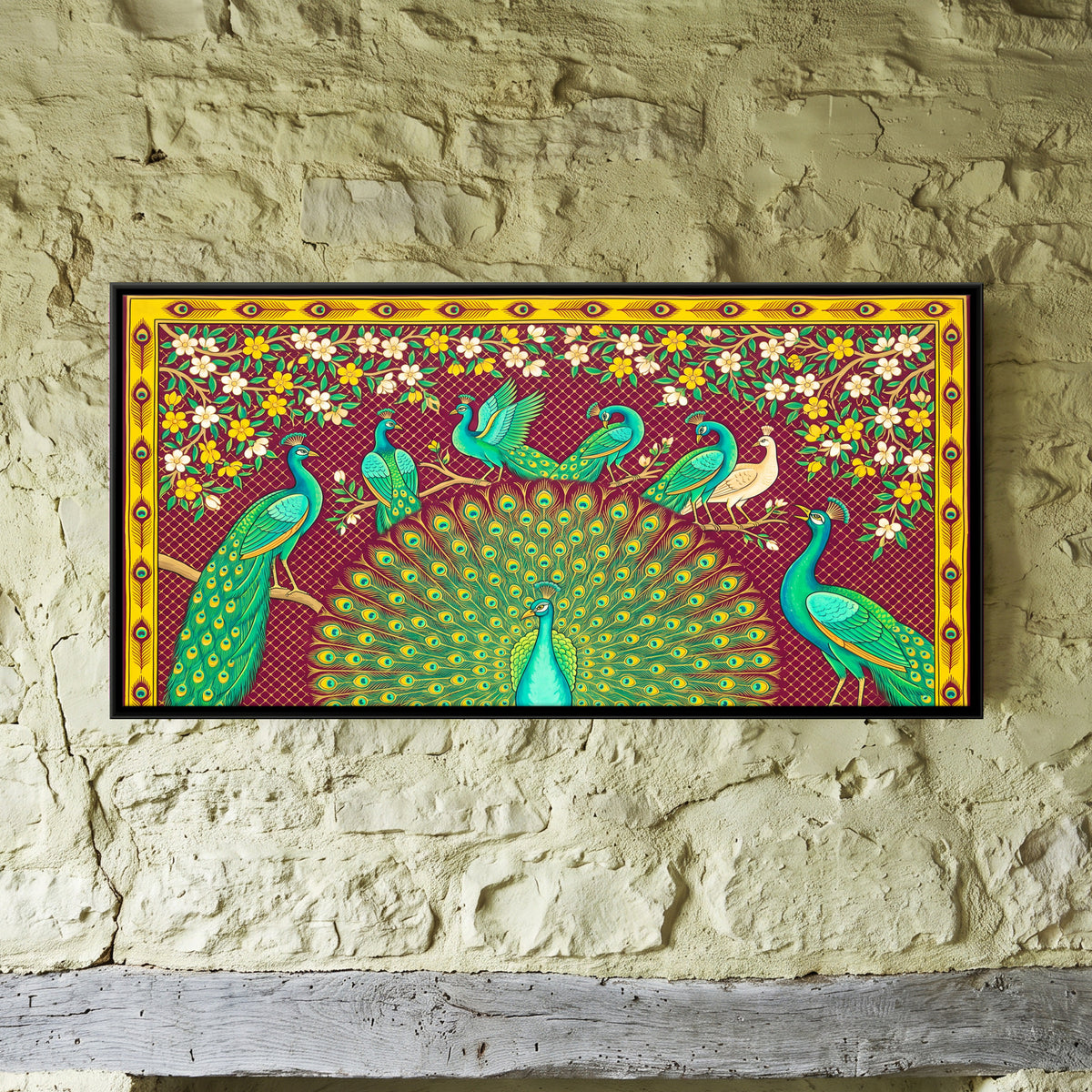 Peacocks Among Flowering Vines - framed canvas art hung on a wall