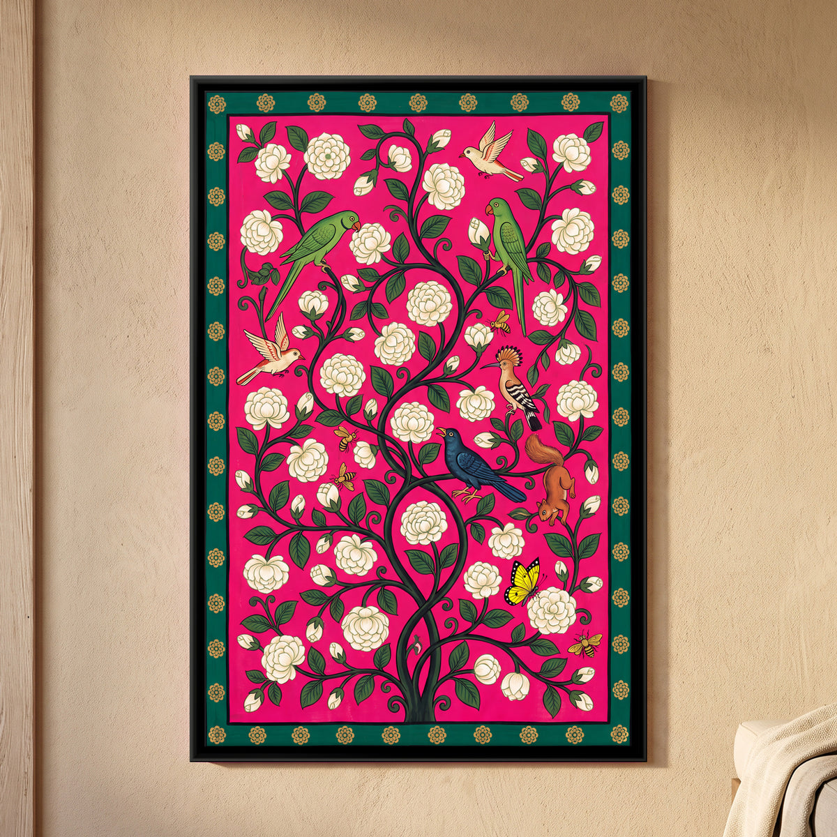 White Jasmine Vine with Birds - framed canvas art hung on a wall