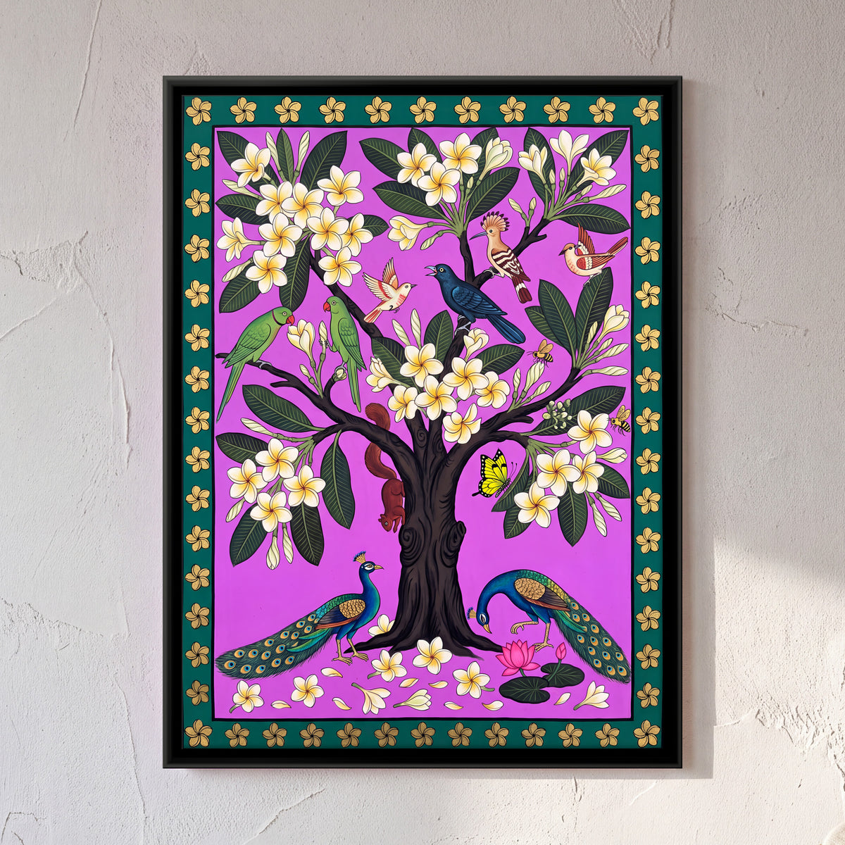 Frangipani Tree with Peacocks - framed canvas art hung on a wall
