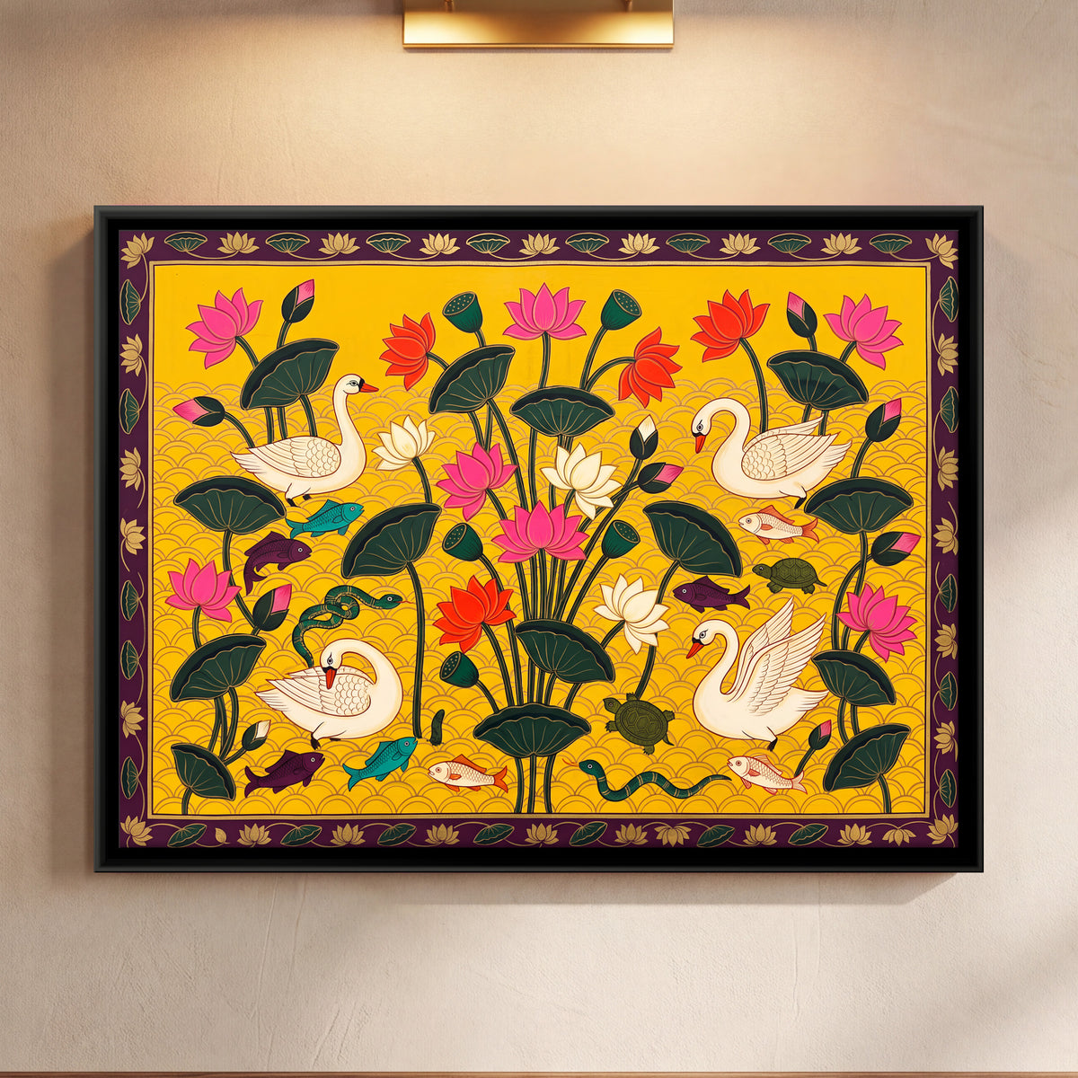 Swans Among Lotus - framed canvas art hung on a wall