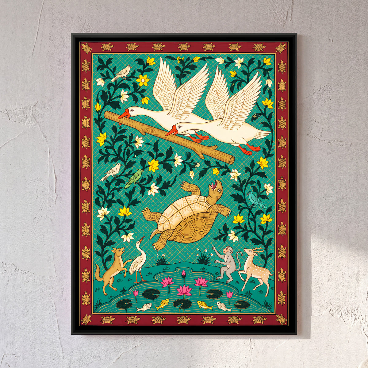 The Tortoise and the Two Swans - framed canvas art hung on a wall