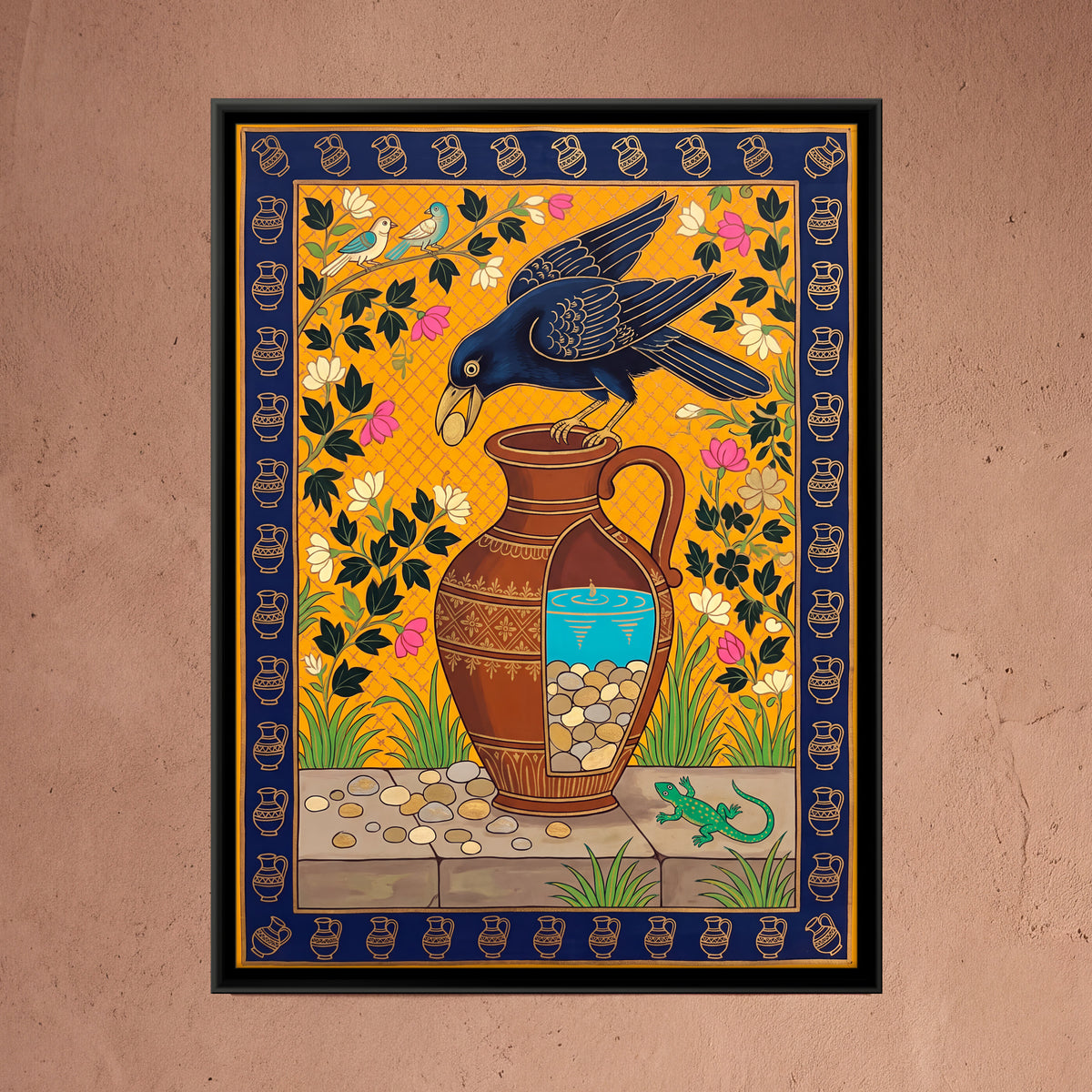 The Thirsty Crow - framed canvas art hung on a wall