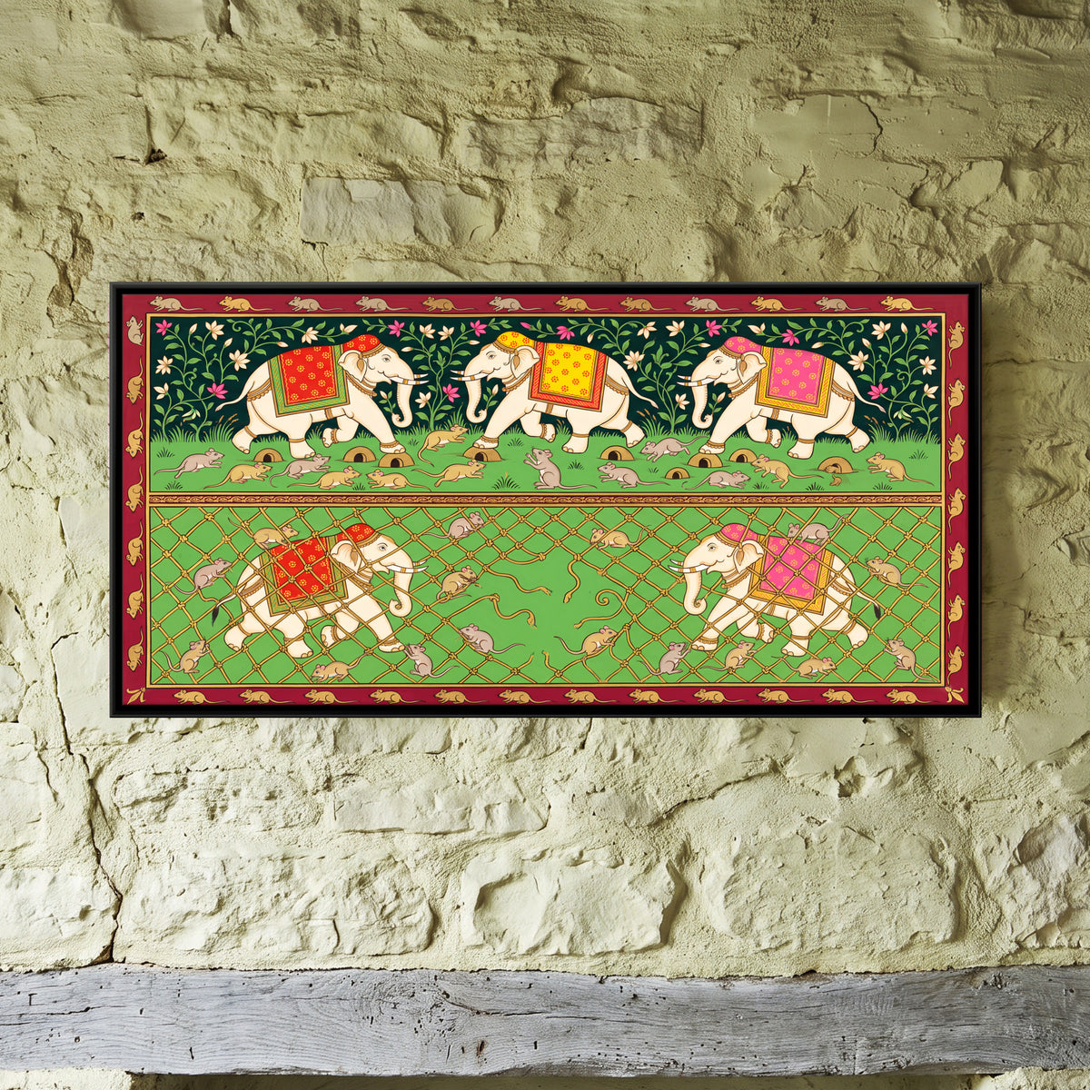 The Elephants and the Mice - framed canvas art hung on a wall
