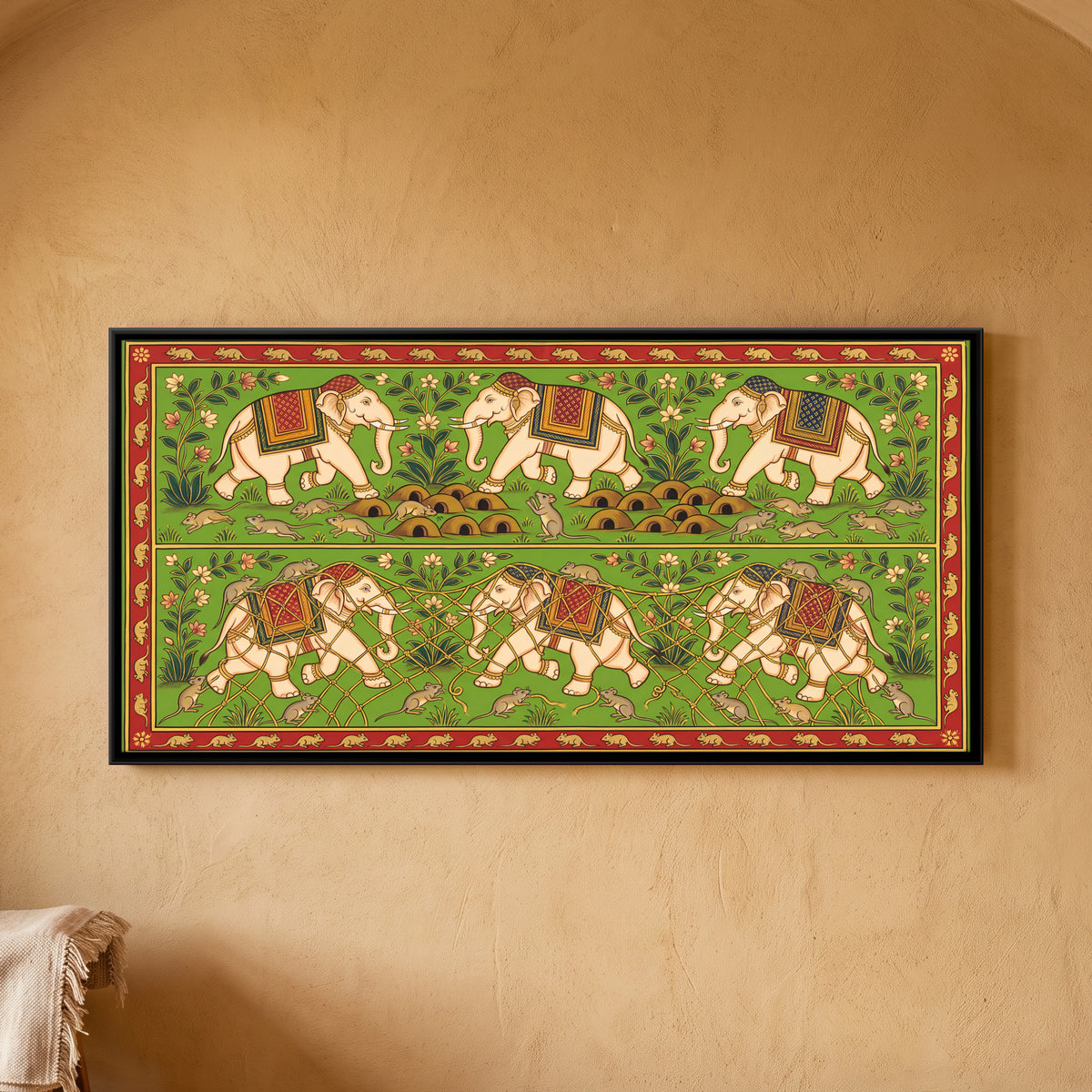 The Elephants and the Mice - framed canvas art hung on a wall