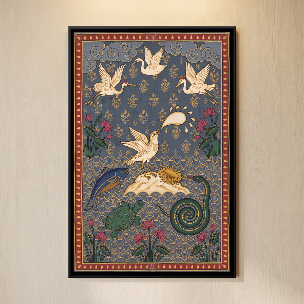 The Little Bird and the Sea - framed canvas art hung on a wall