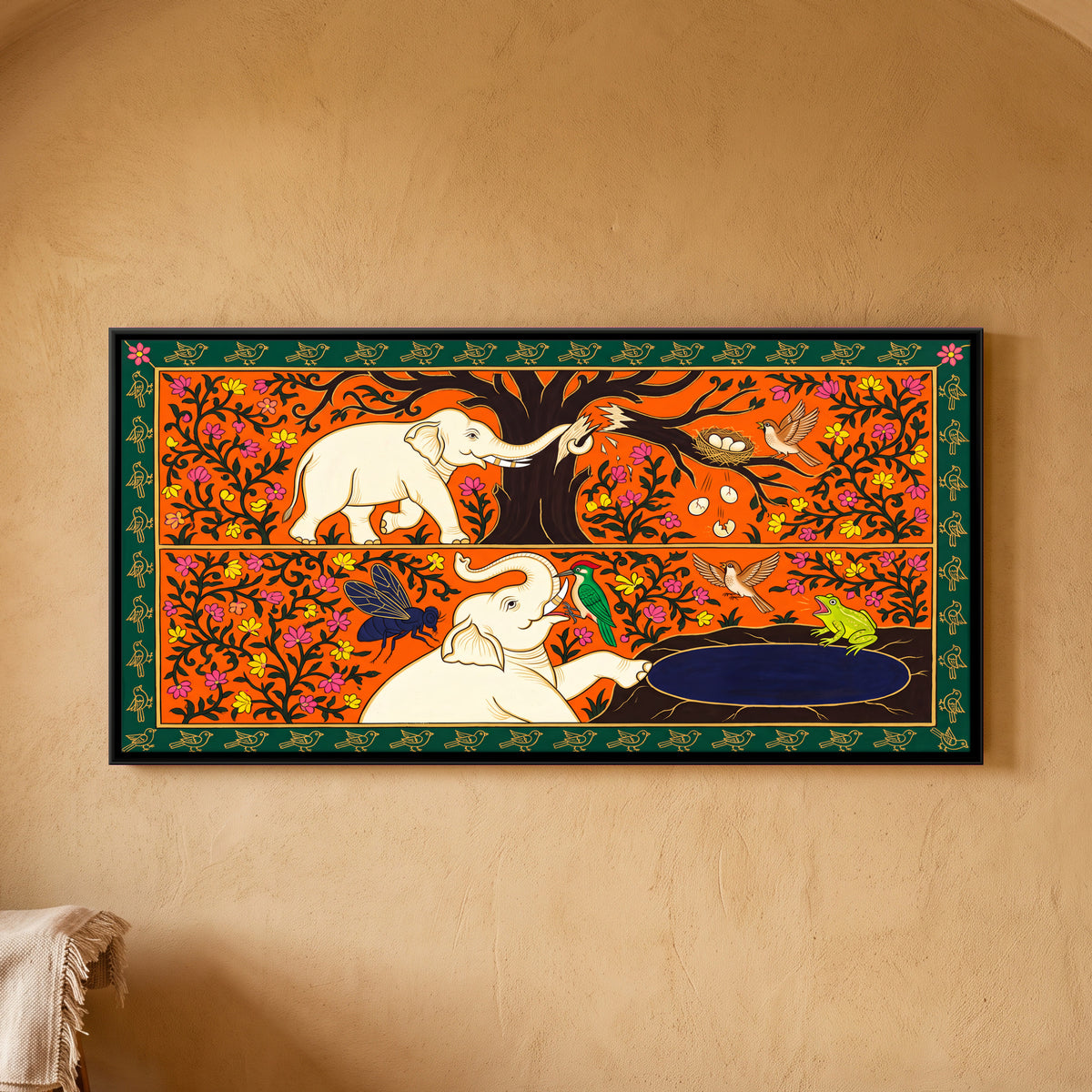 The Elephant and the Sparrow - framed canvas art hung on a wall