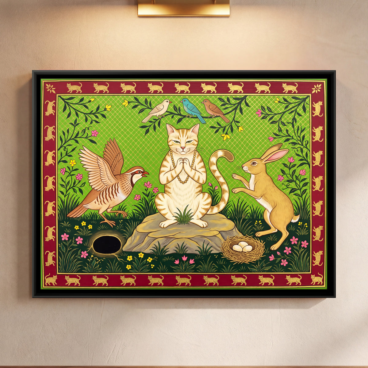 The Cat, the Partridge and the Hare - framed canvas art hung on a wall