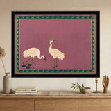 Pair of White Cranes with Lotus Flowers in Crimson