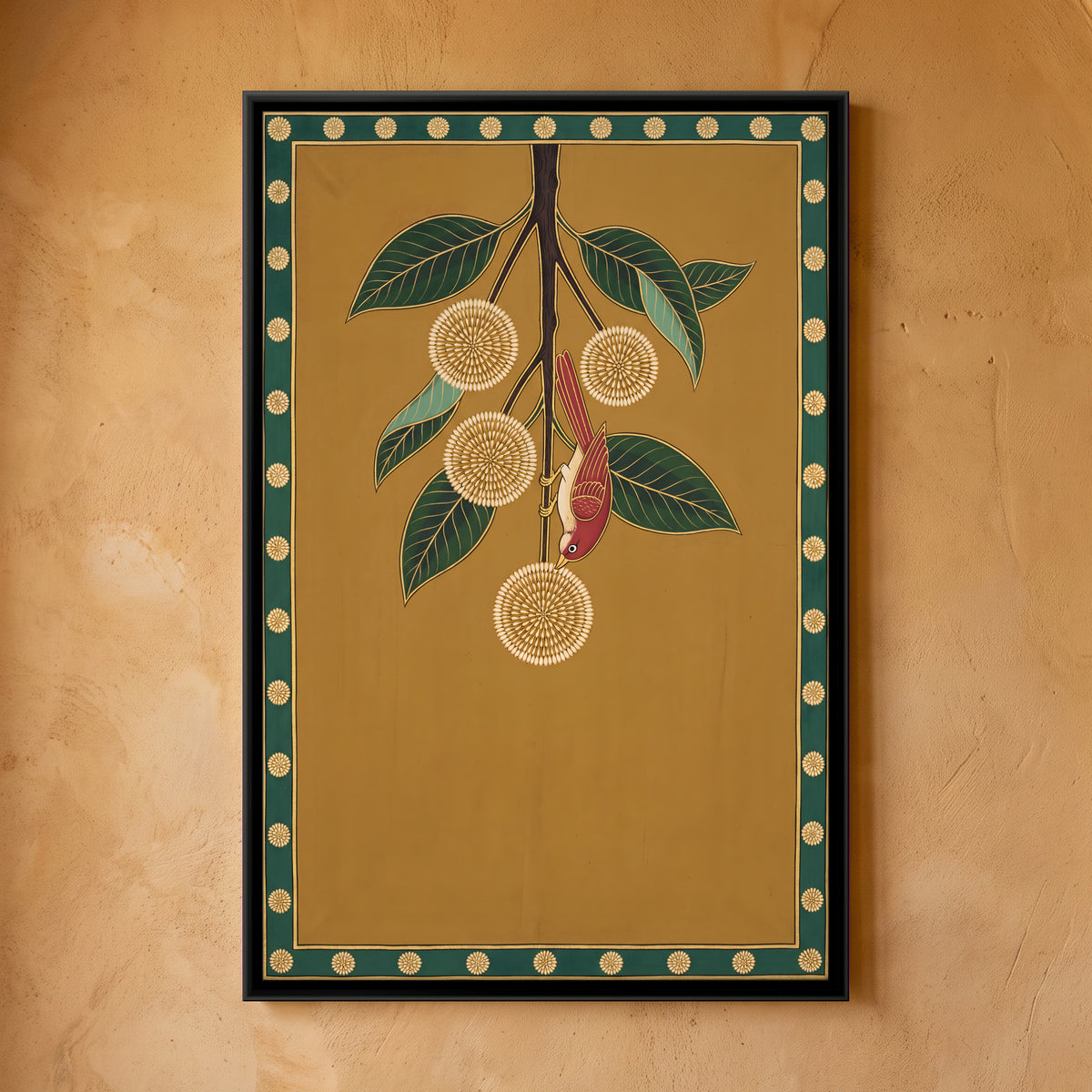 Bird on a Kadamba Branch - framed canvas art hung on a wall