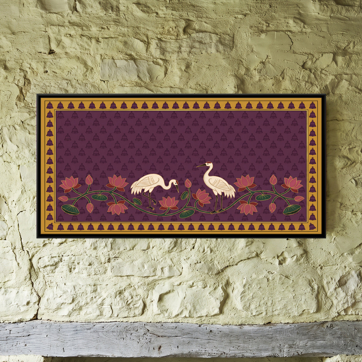 Cranes Among Lotus Blooms - framed canvas art hung on a wall