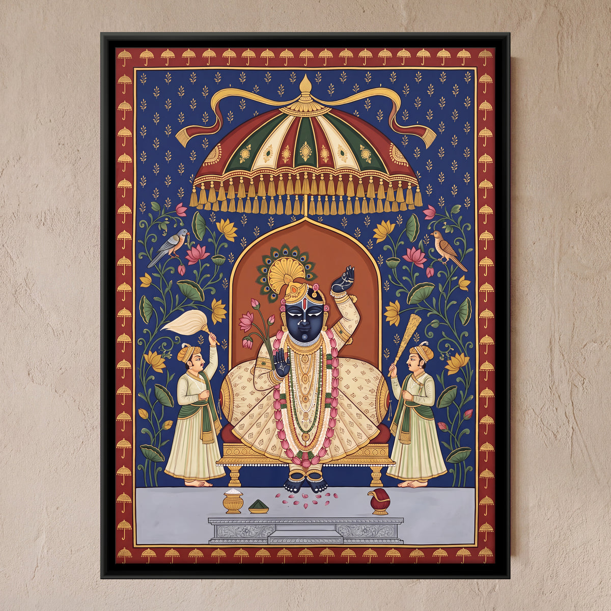 Shrinathji Beneath a Parasol - framed canvas art hung on a wall