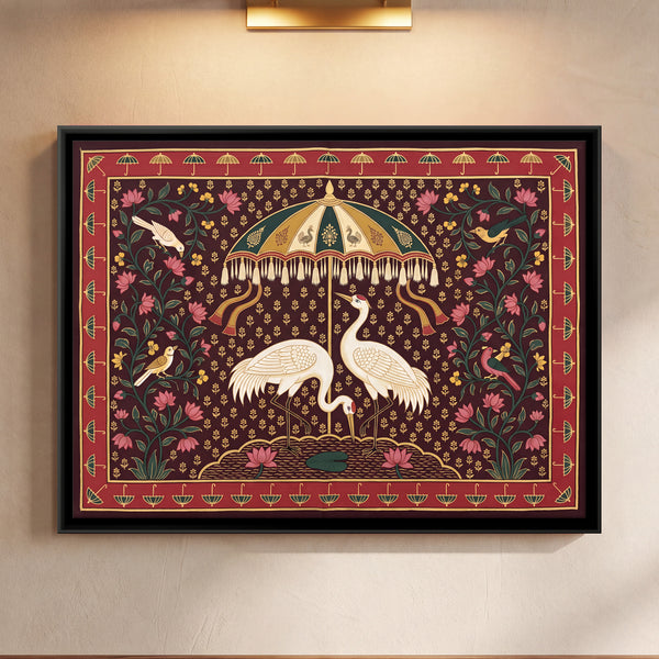 Two Cranes and a Chick Beneath a Parasol