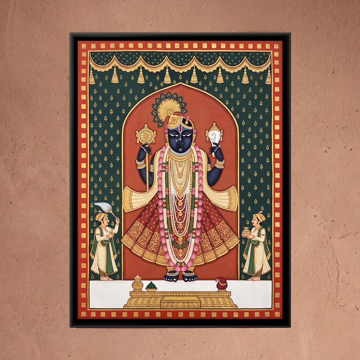Dwarkadhish with Attendants - framed canvas art hung on a wall