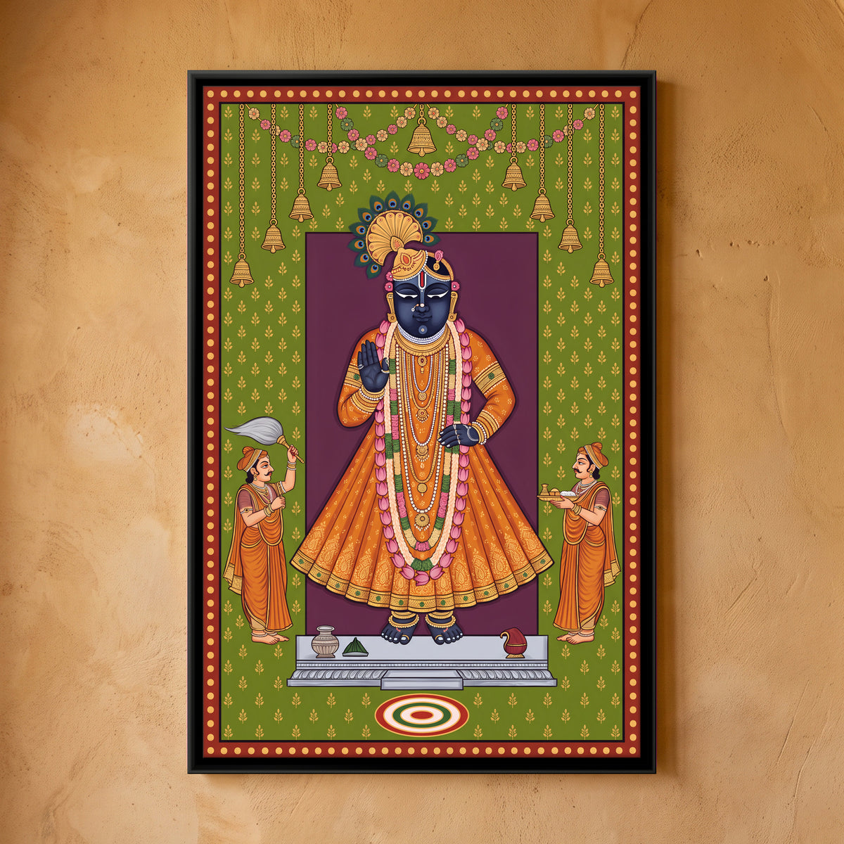 Shrinathji with Attendants - framed canvas art hung on a wall