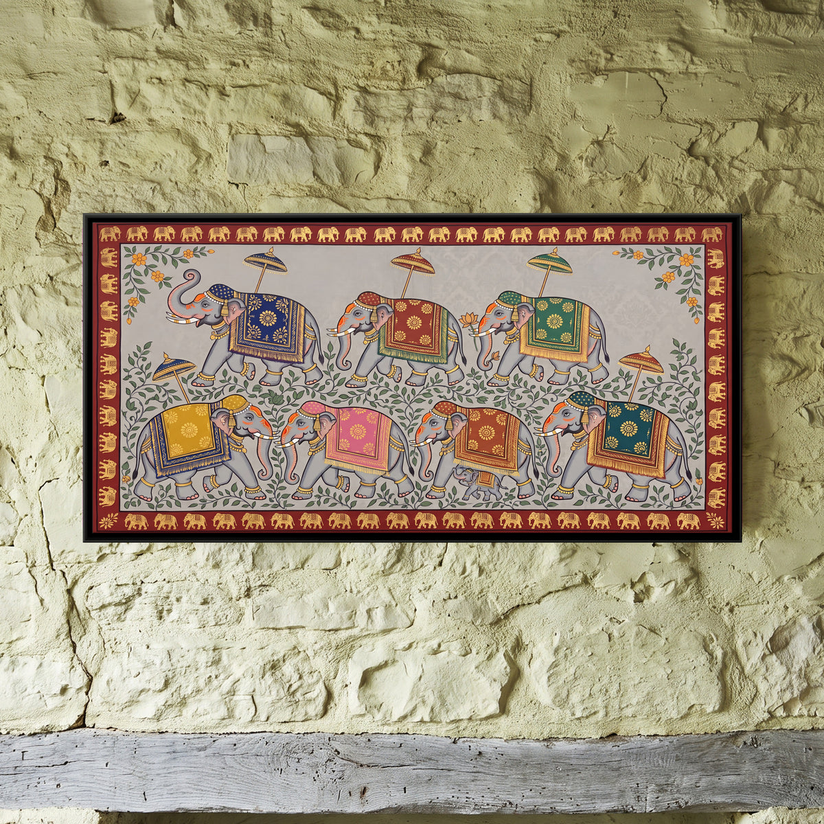 Elephant Procession - framed canvas art hung on a wall