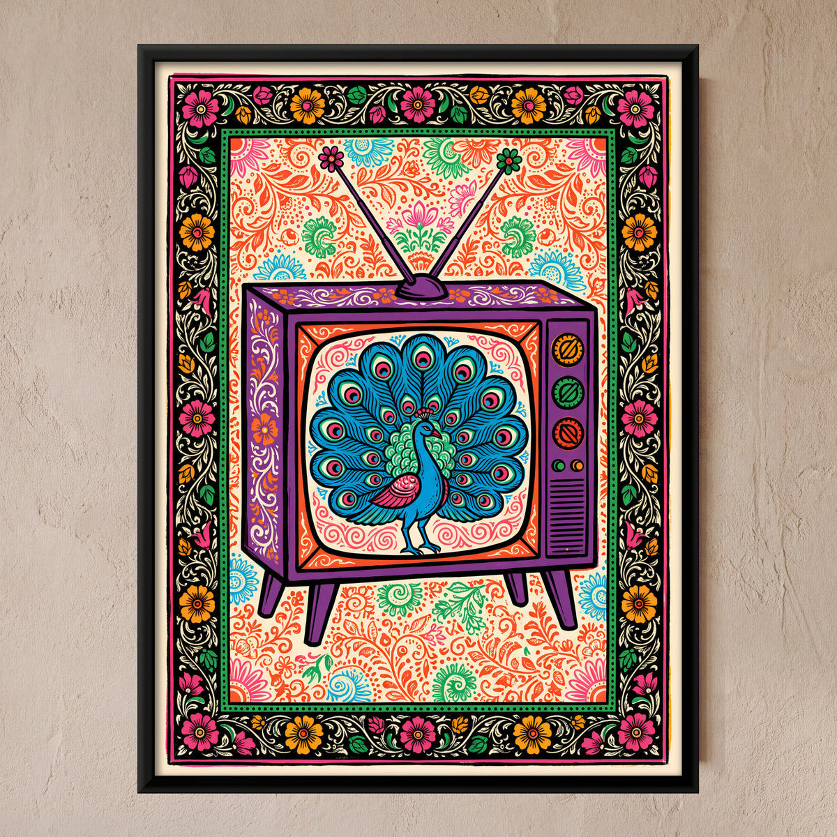 Vintage Television with Peacock - framed canvas art hung on a wall