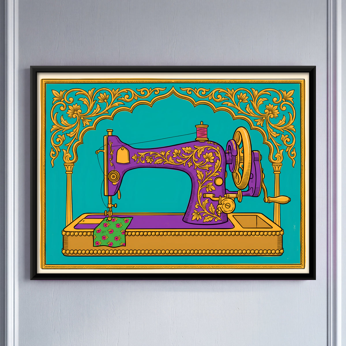 Hand-Crank Sewing Machine - framed canvas art hung on a wall