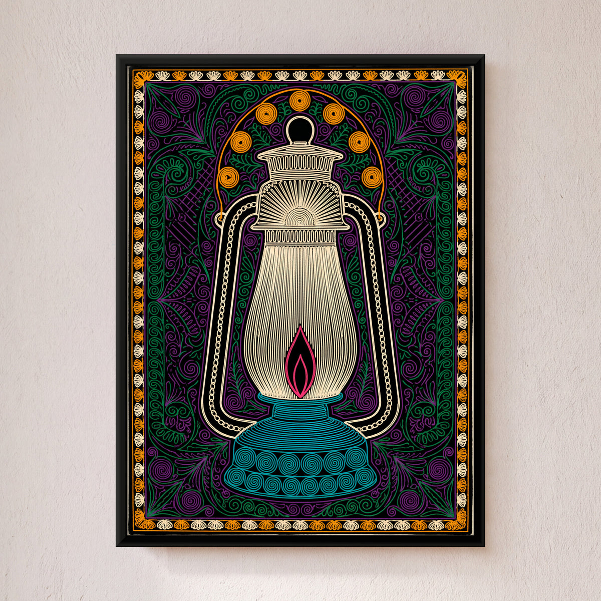 Hurricane Lantern - framed canvas art hung on a wall