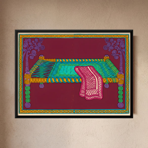 Woven Charpai Bed with Draped Quilt