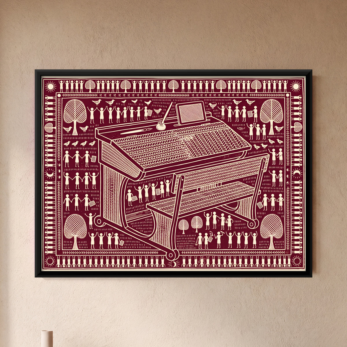 School Desk and Bench - framed canvas art hung on a wall