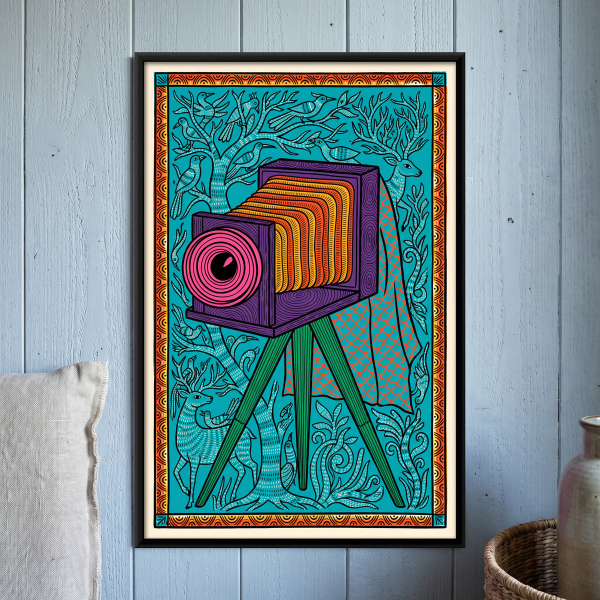 Bellows Camera on a Tripod - framed canvas art hung on a wall