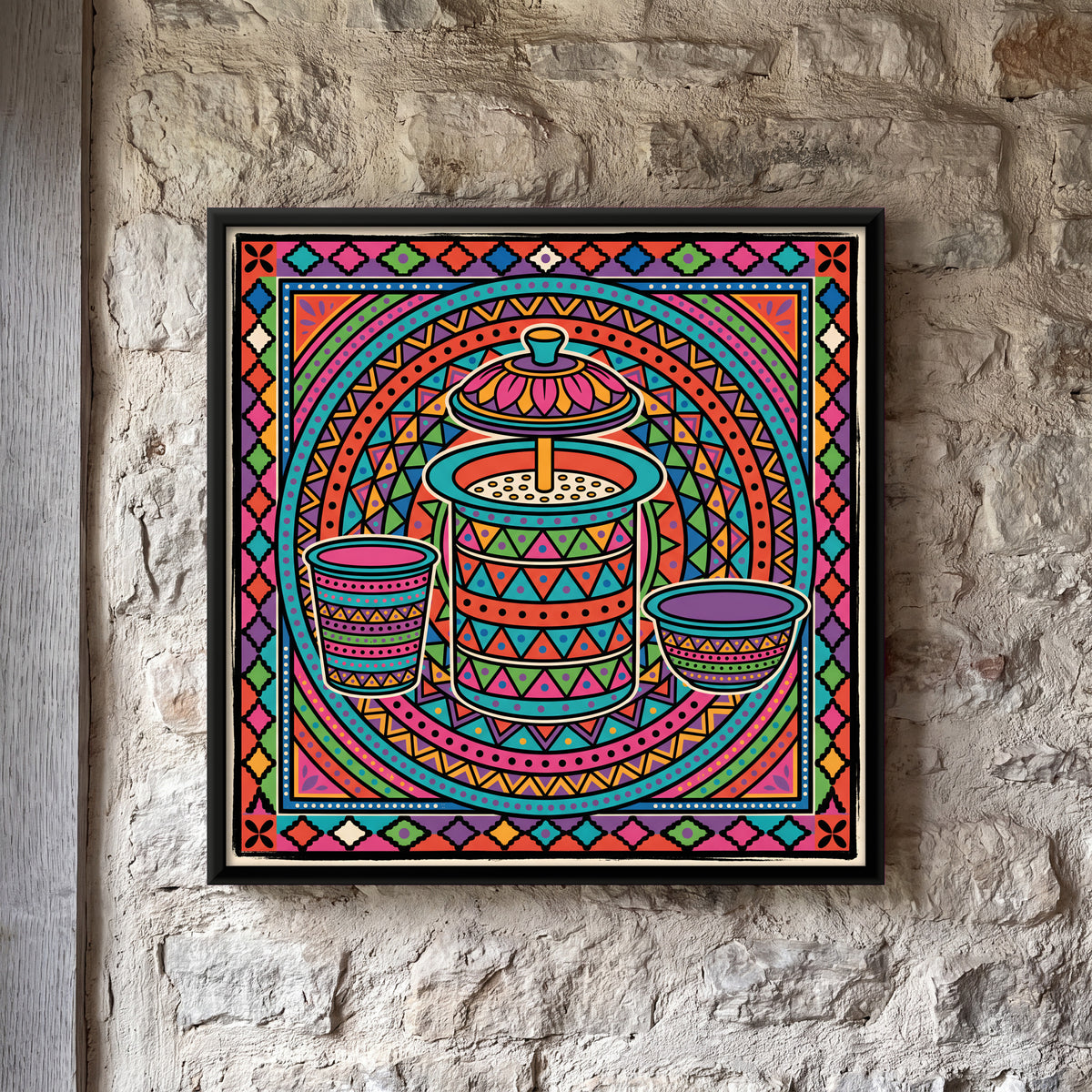 South Indian Filter Coffee Set - framed canvas art hung on a wall