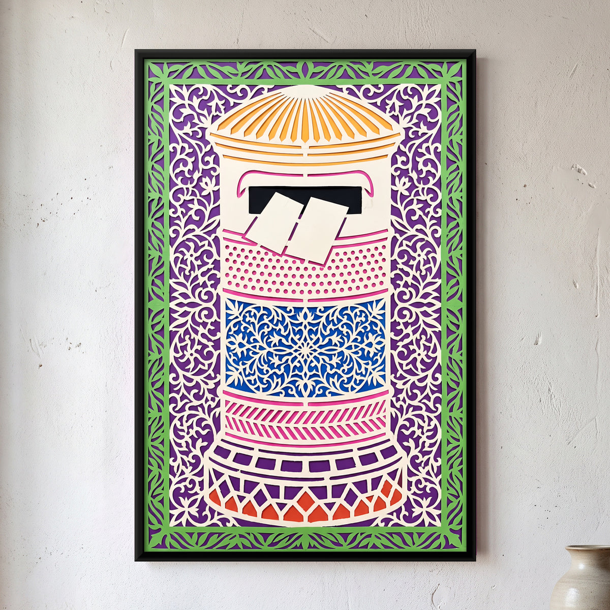 Postbox with Letters - framed canvas art hung on a wall