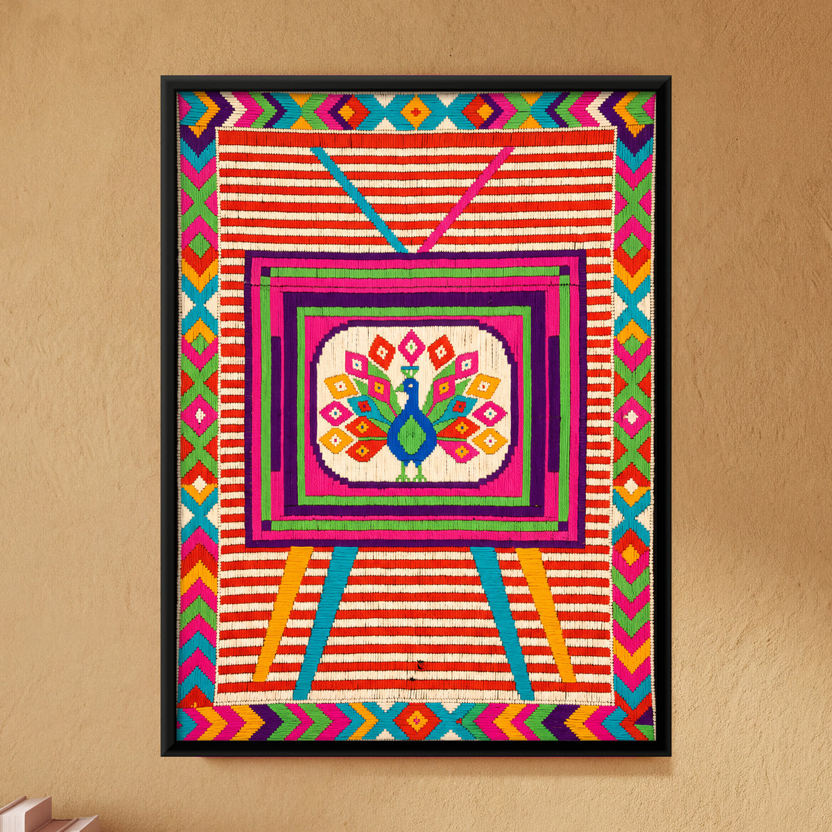Television Set with Peacock - framed canvas art hung on a wall