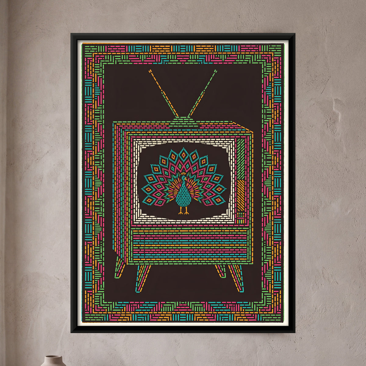 Vintage Television with Peacock - framed canvas art hung on a wall