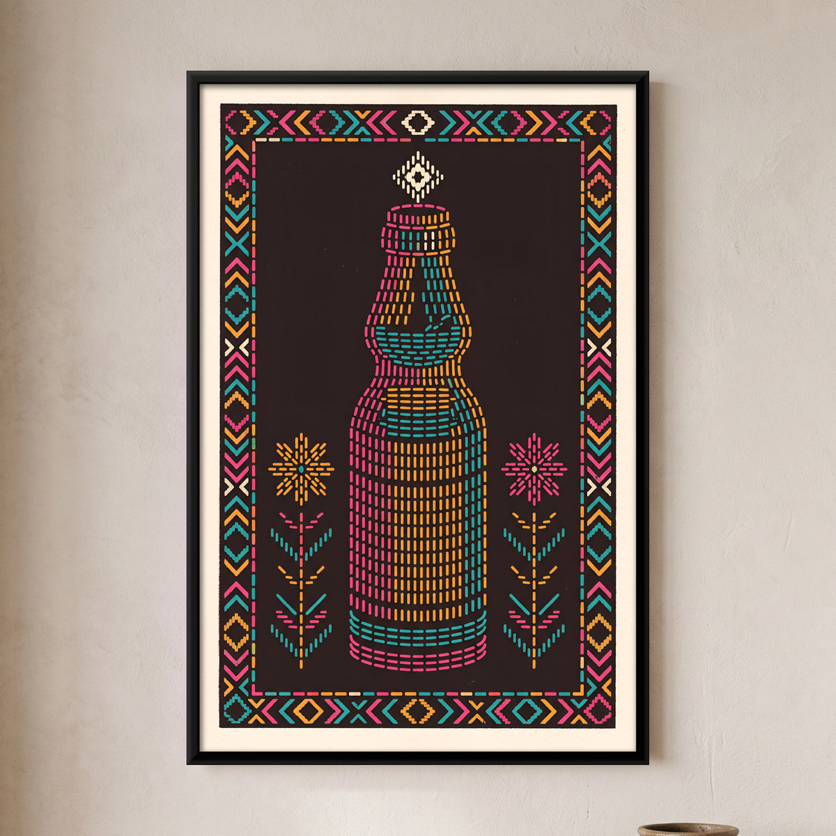 Glass Bottle with Flowers - framed canvas art hung on a wall