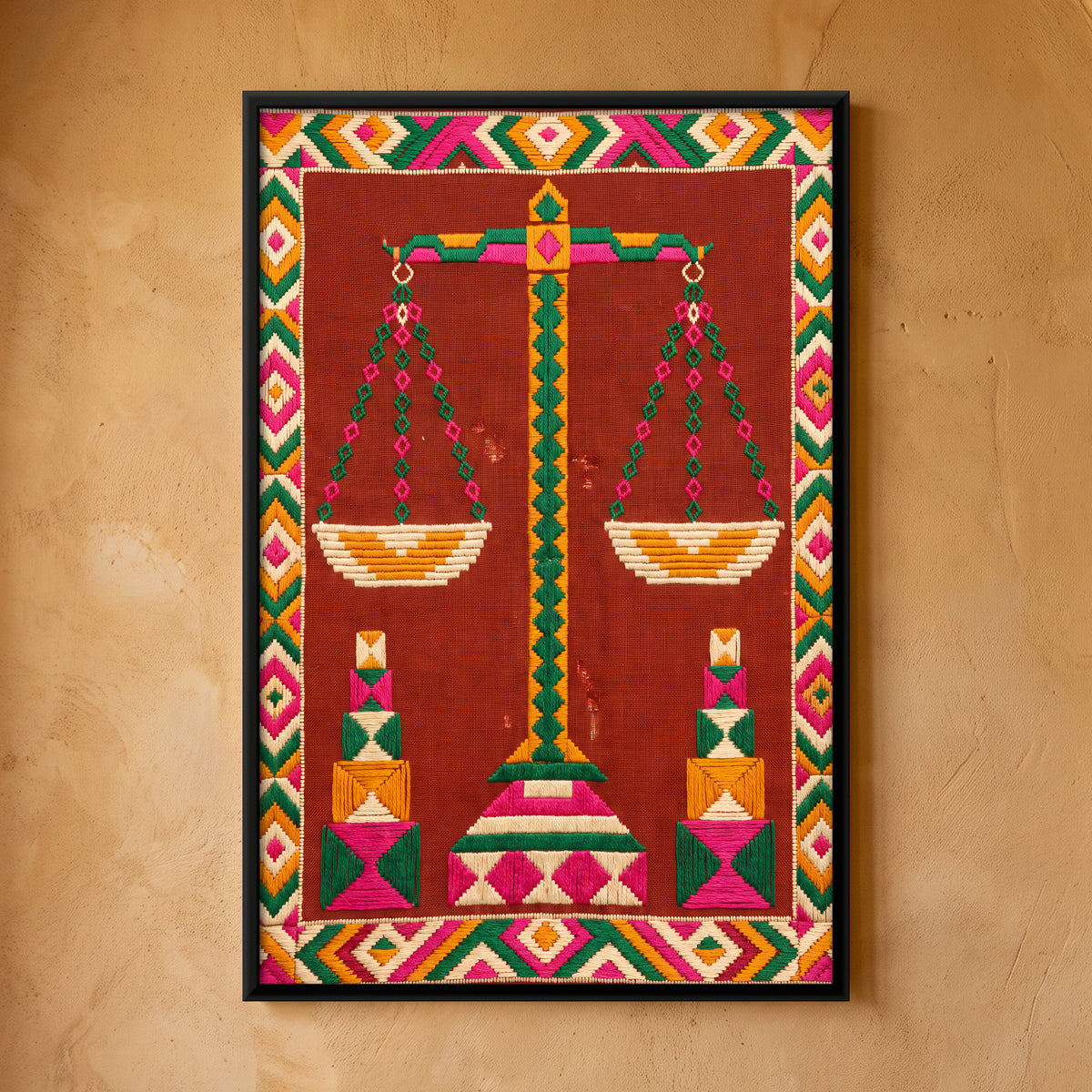 Weighing Scales and Weights - framed canvas art hung on a wall