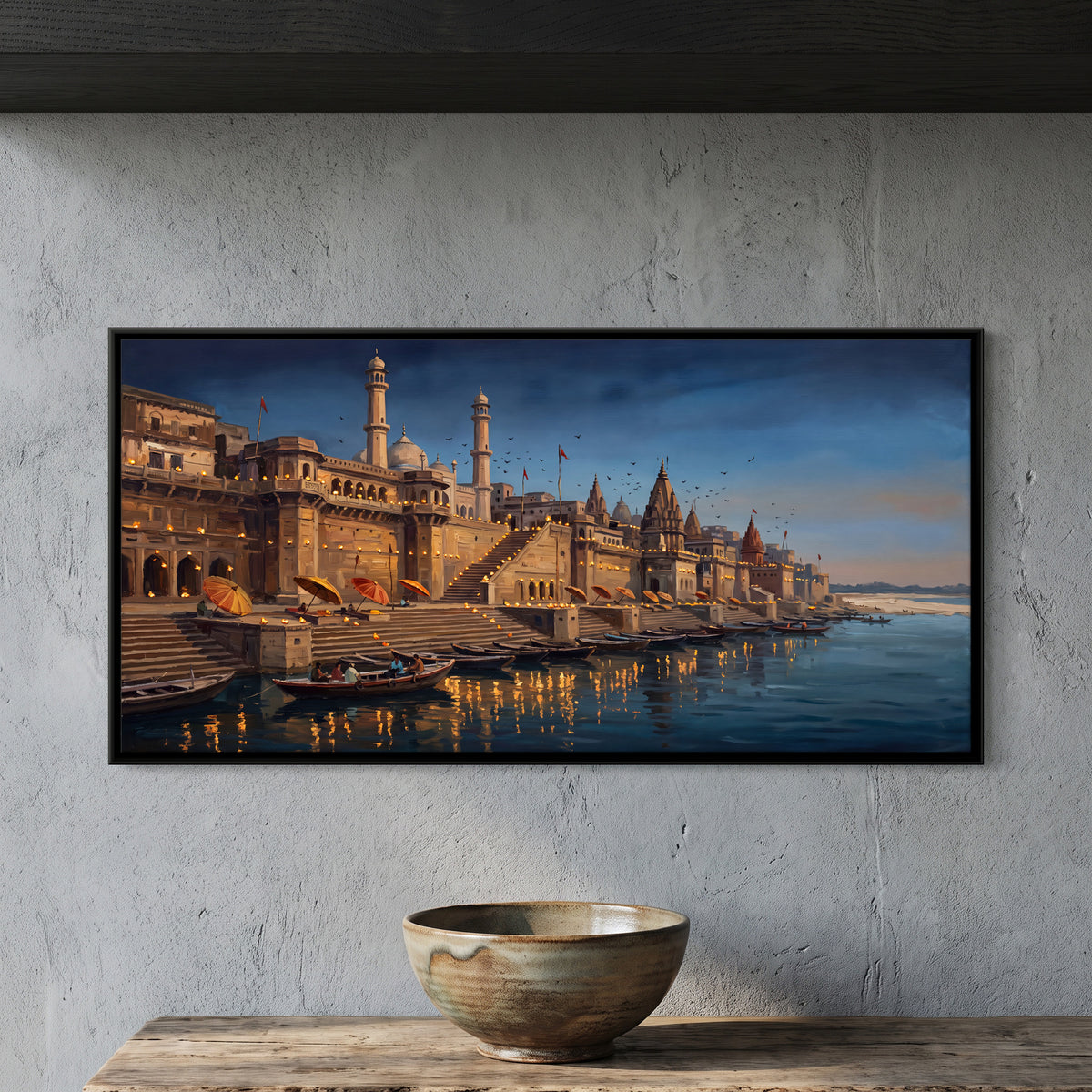 Minarets Above the Varanasi Ghats - framed canvas art hung on a wall