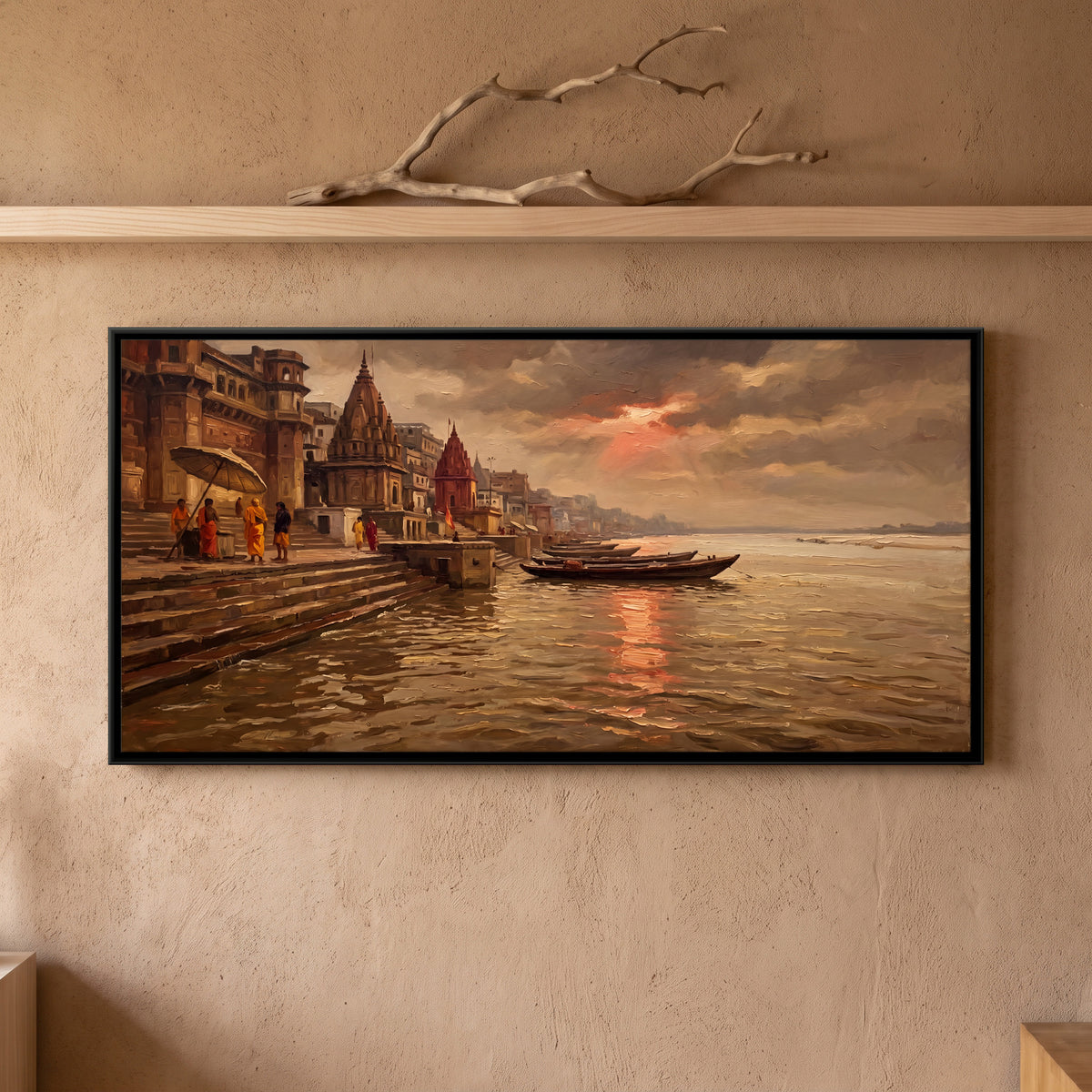 Sunset Over the Varanasi Ghats - framed canvas art hung on a wall
