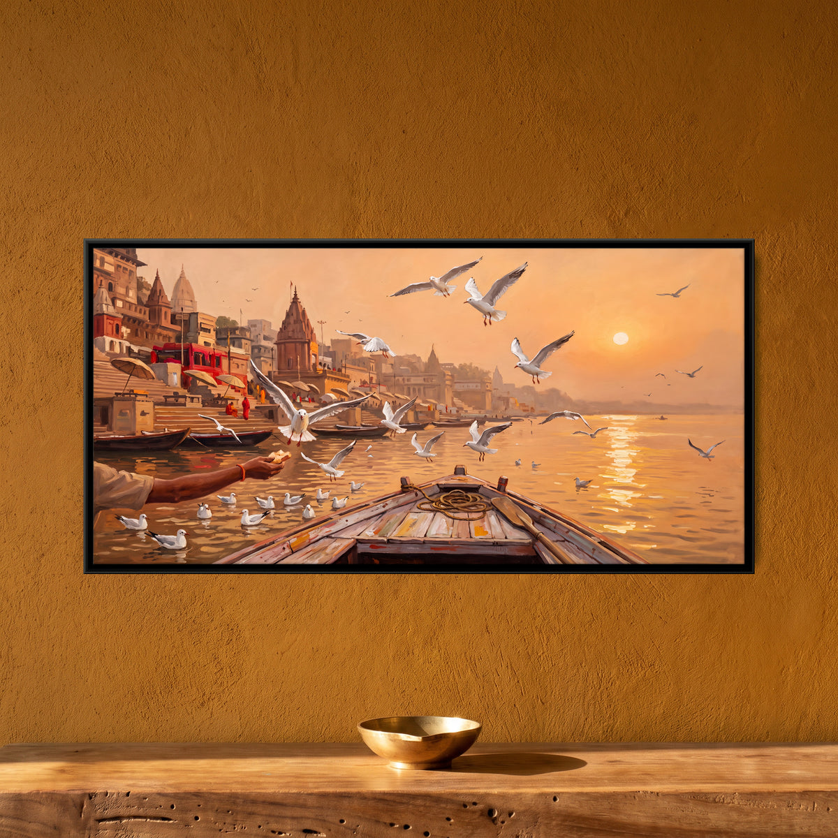 Feeding Gulls from a Boat - framed canvas art hung on a wall