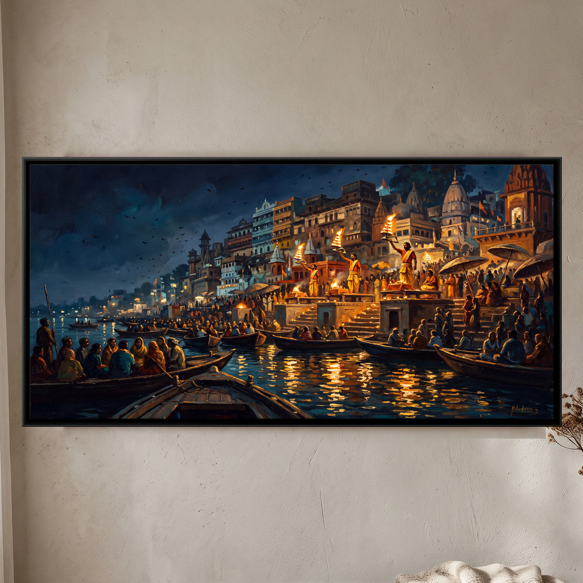 Ganga Aarti from the River - framed canvas art hung on a wall