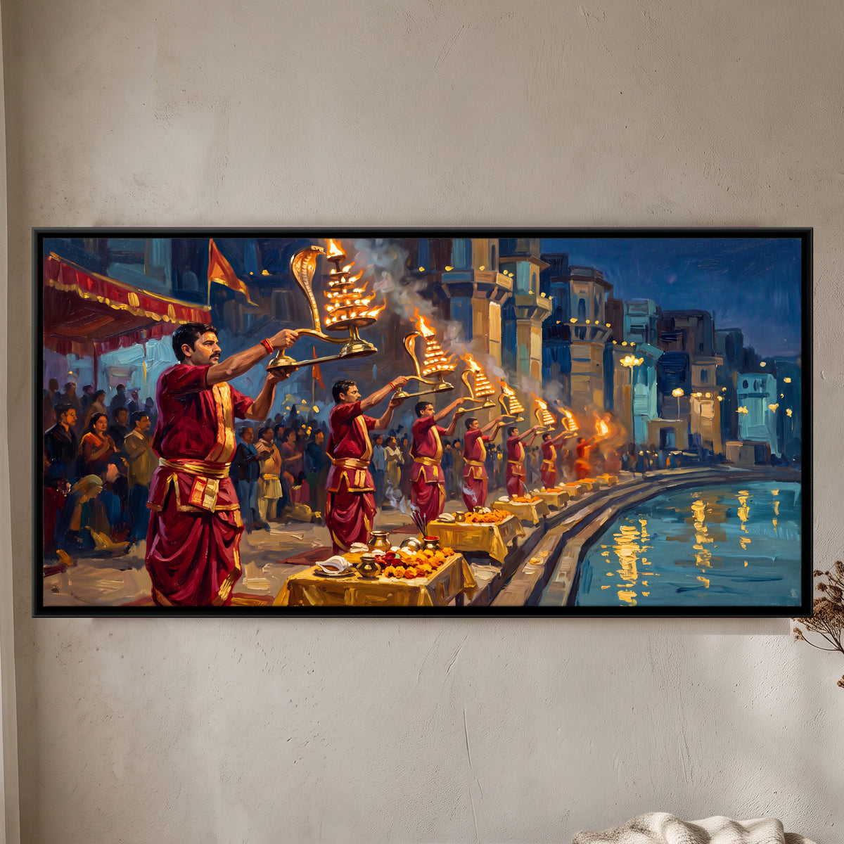 Ganga Aarti - framed canvas art hung on a wall