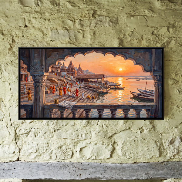 Ghats Through a Carved Arch in Charcoal