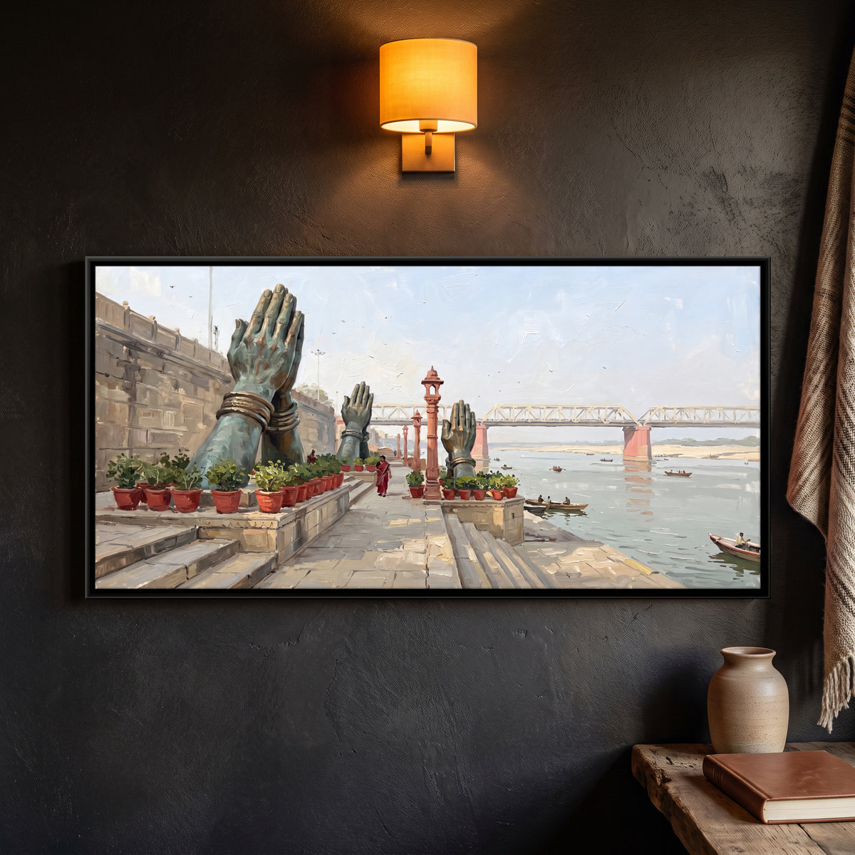 Giant Namaste Hands at the Ghat - framed canvas art hung on a wall