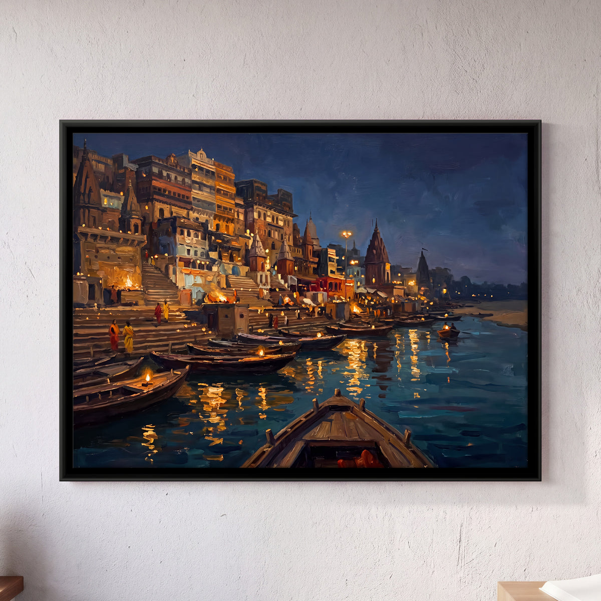 Lamplit Ghats at Night - framed canvas art hung on a wall