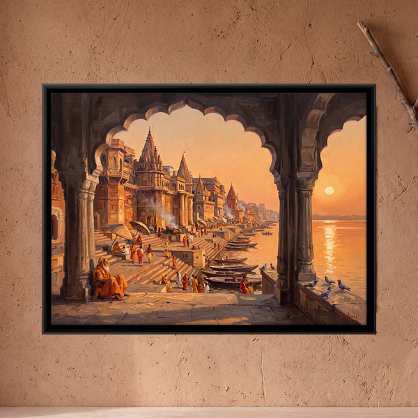 Ghats Through a Stone Colonnade
