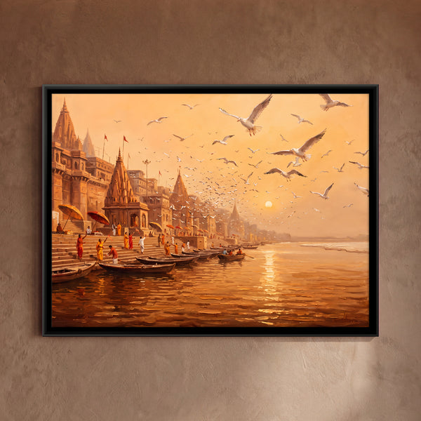 Flock of Gulls Flying over the Ghats at Sunrise