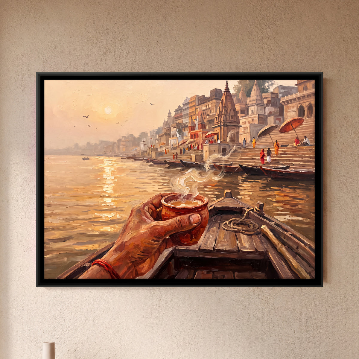 Morning Chai on the Ganga - framed canvas art hung on a wall