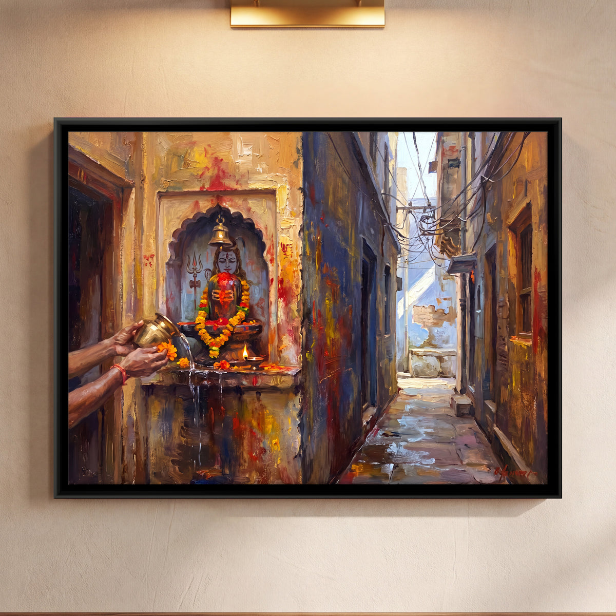 Offering at a Wall Shrine - framed canvas art hung on a wall