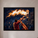 Priest Performing Ganga Aarti with Flaming Lamp