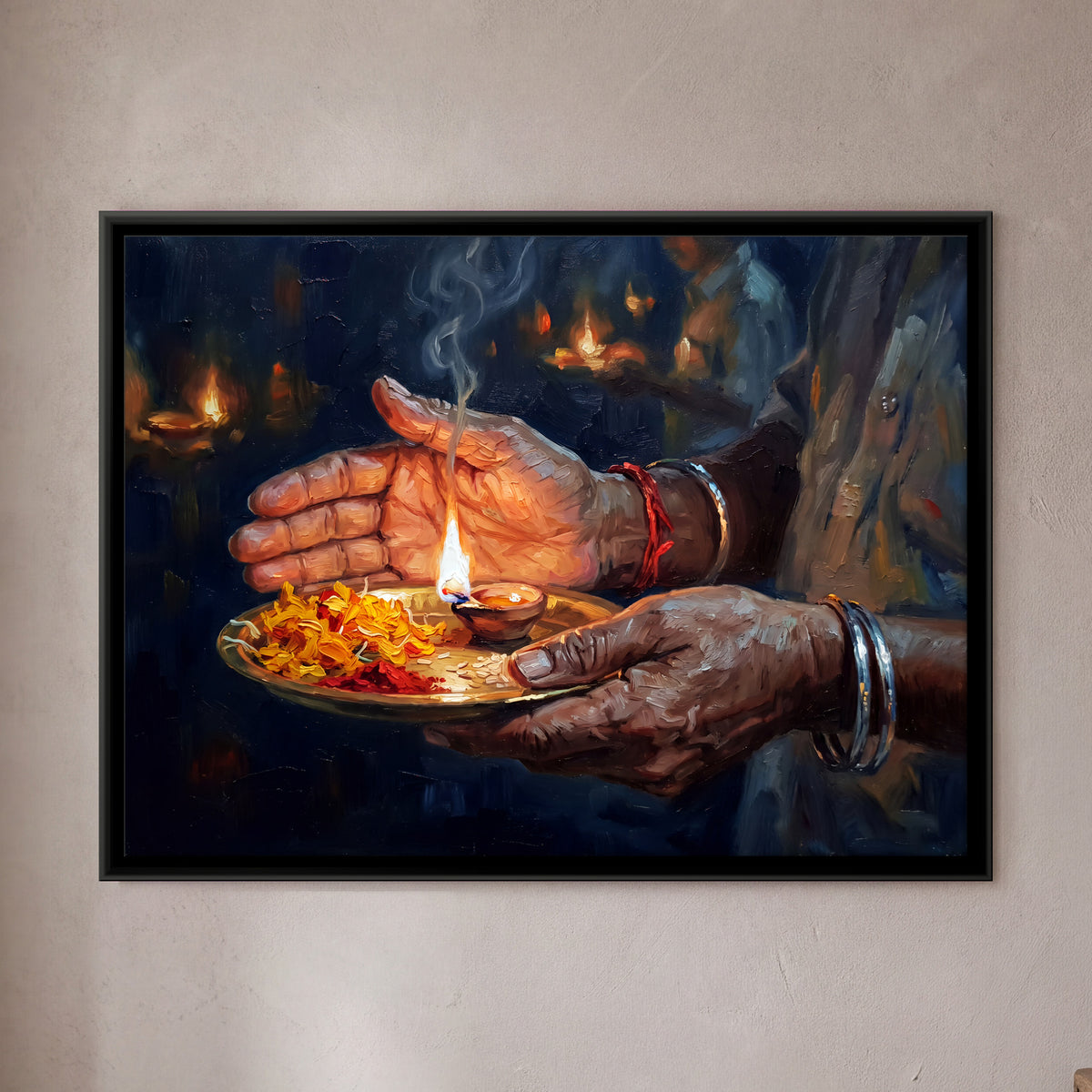 Hands Holding a Diya Thali - framed canvas art hung on a wall