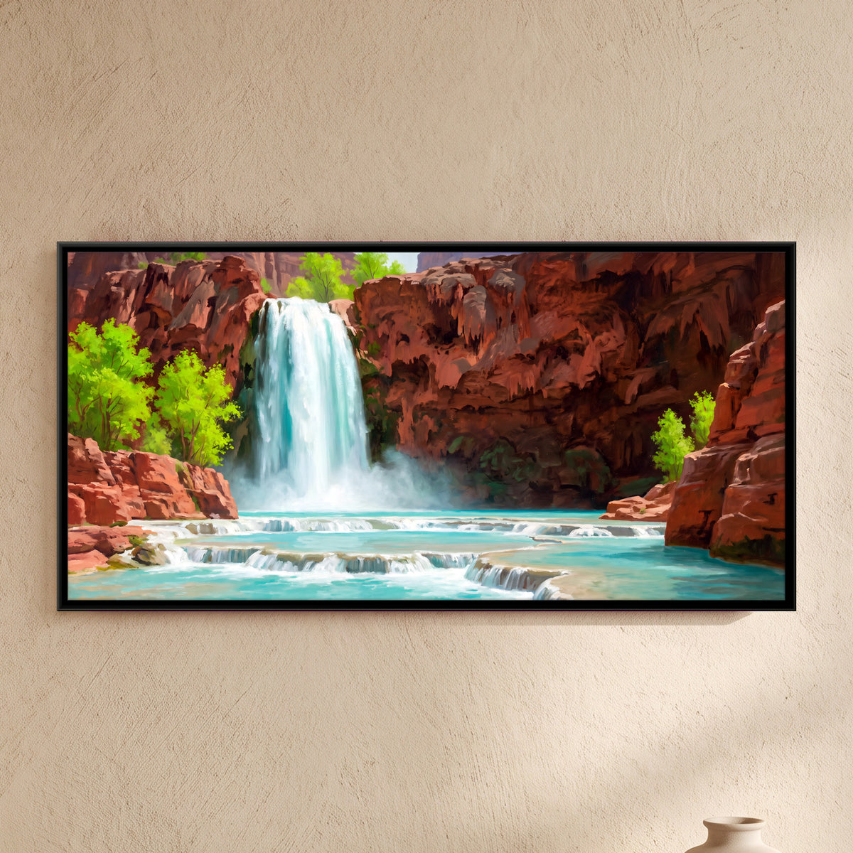 Waterfall in a Red Canyon - framed canvas art hung on a wall
