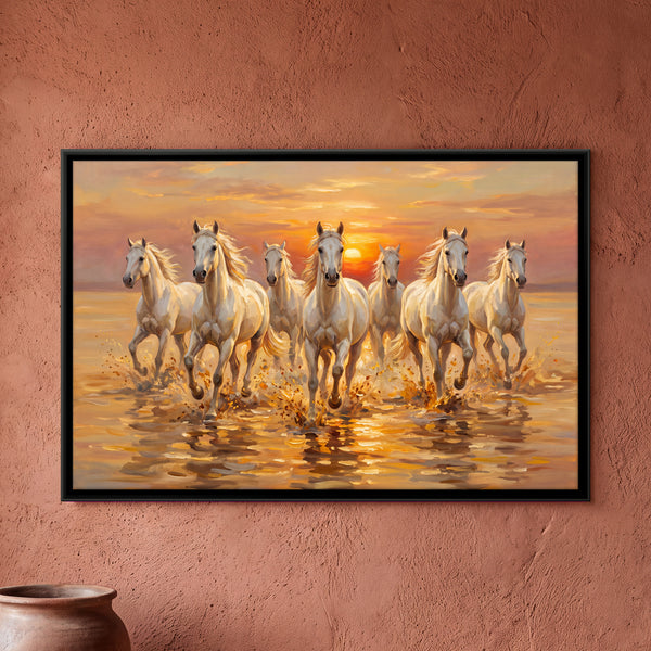 Seven White Horses Running in Shallow Water at Sunset