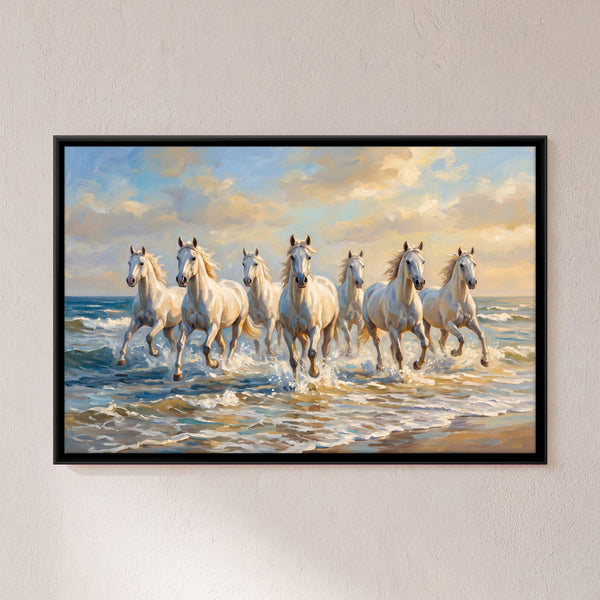 Seven White Horses Running Through Ocean Surf