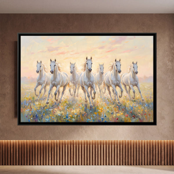 Seven White Horses Running Through a Flower Meadow