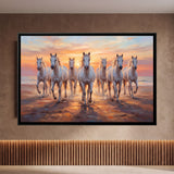 Seven White Horses Running on a Wet Beach
